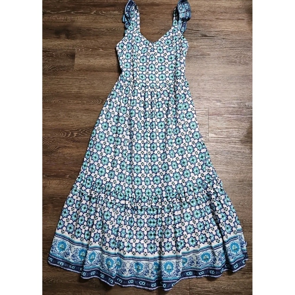 Lucky Brand Floral Geometric Print Blue And Teal Cotton Maxi Dress